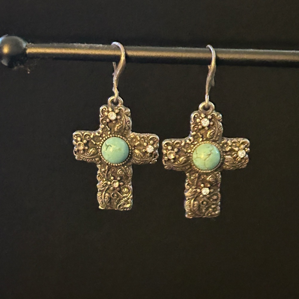 Vintage cross earrings with turquoise and cz diamond details